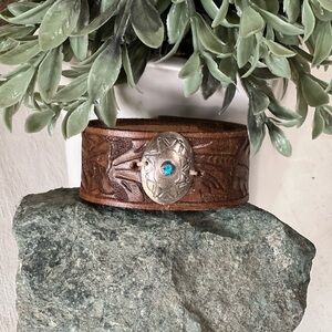Handmade Sterling Silver Concho Leather Cuff – 7.5”